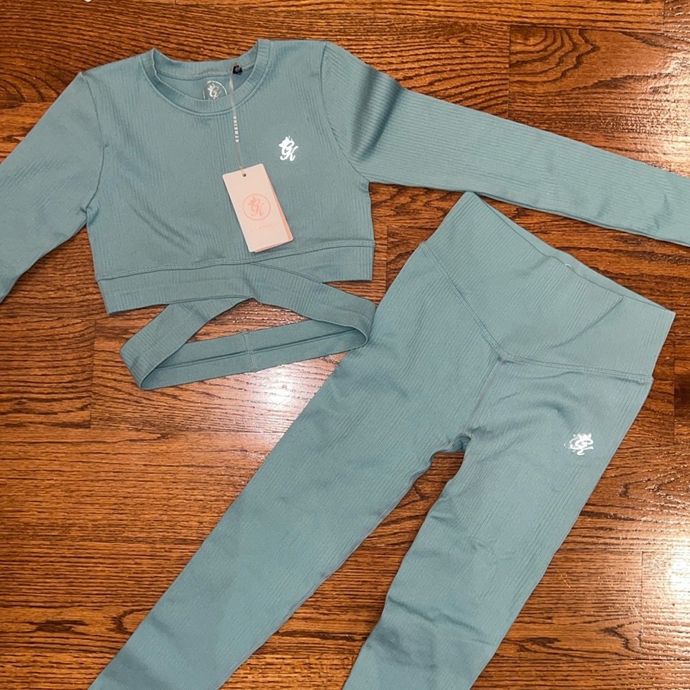 GYM KING Blue Haze Ribbed Criss Cross Long Sleeve and Legging Gym Set